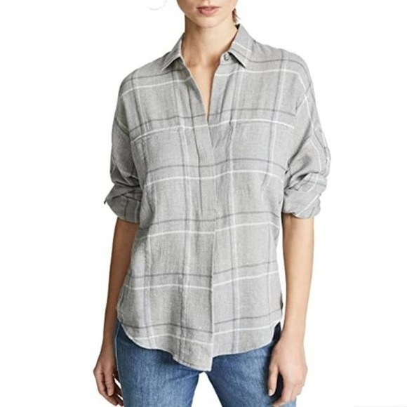 Vince Grey Black White Plaid Popover Top Size Medium - Picture 3 of 8